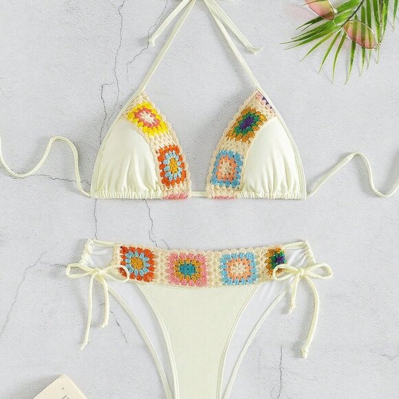 Beige Women's Beach Floral Print Halter Neck Bikini Set - Picture 7 of 8